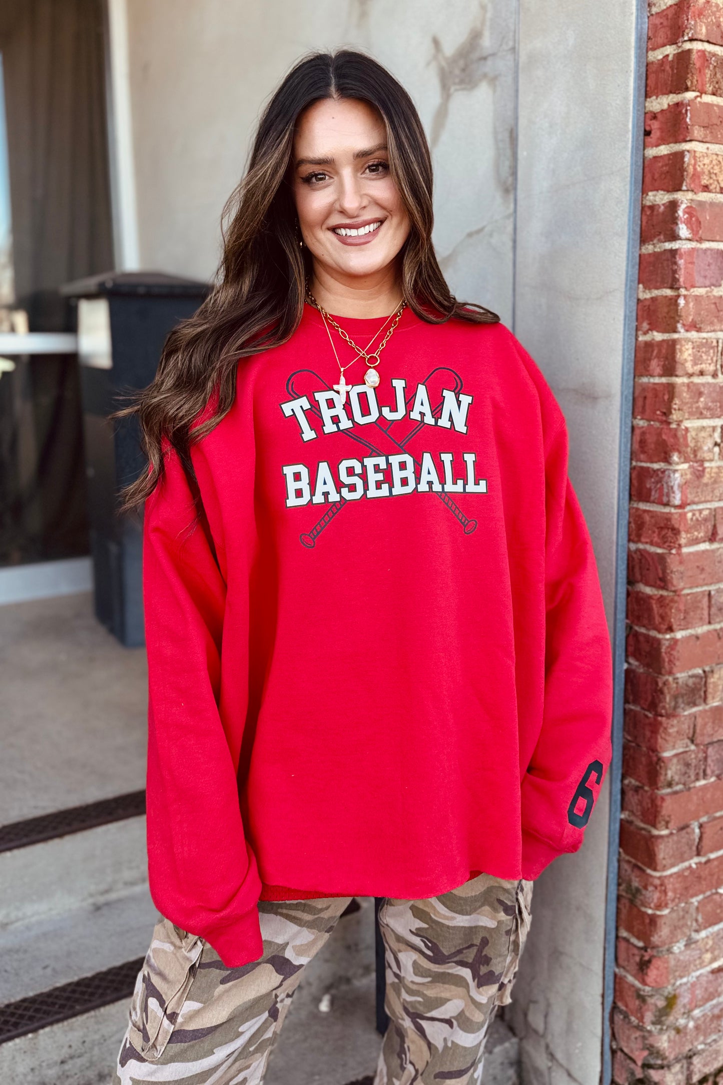 Split-Side Bow Trojan Baseball Fleece Crew Sweatshirt