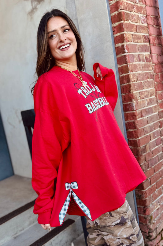 Split-Side Bow Trojan Baseball Fleece Crew Sweatshirt
